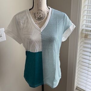 Striped and Solid Colorblock V-Neck T-Shirt small